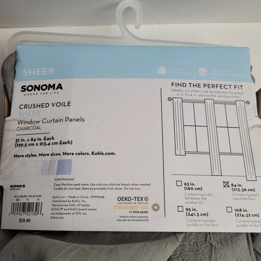 NEW Sonoma Crushed voile sheer window curtain 2 panels 51x84inch Charcoal Color